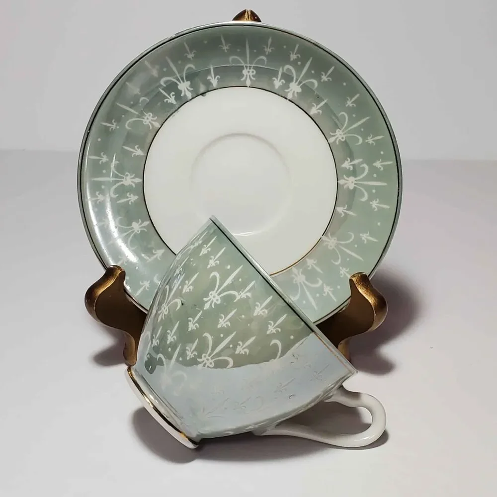 Fleur De Lis Teacup and Saucer Floral Vintage